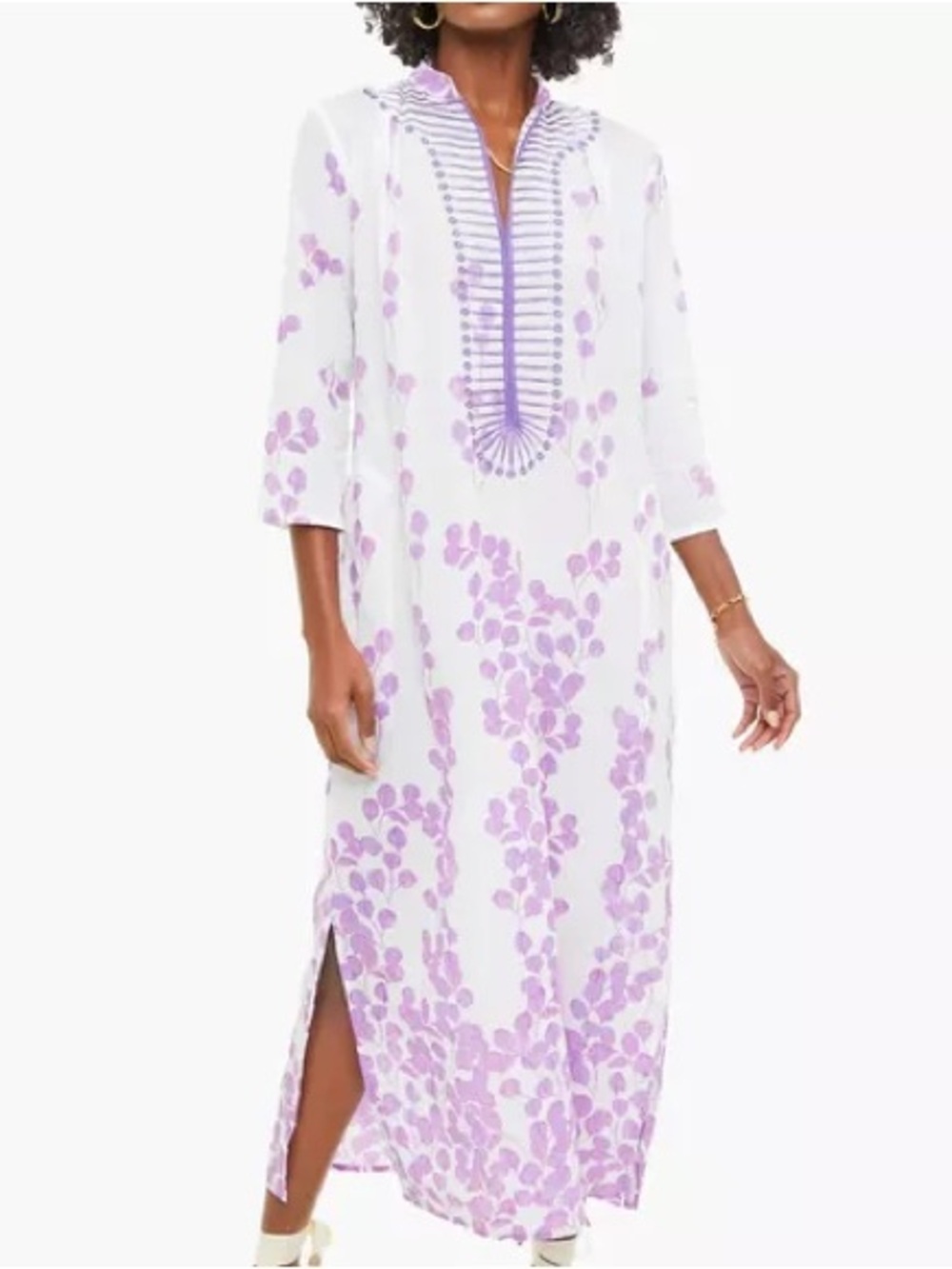Ro's Garden Lavender Leaf Clorinda Embroidered Long Kaftan Dress Size Large